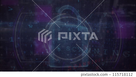 Image of scope scanning with padlock icon and data processing on black background Image of scope scanning with padlock icon and data processing on black background 115718112