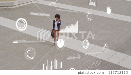 Image of business data over african american woman using smartphone Image of business data over african american woman using smartphone 115718113