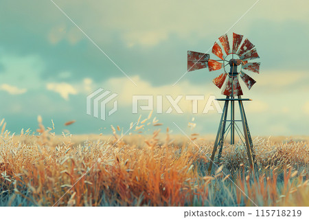 Generative ai on theme of wind power farm with rotation propellers, does not pollute environment 115718219