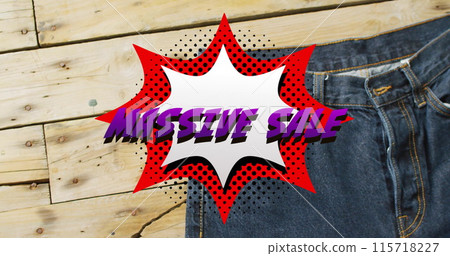 Image of retro massive sale text over denim trousers background 115718227