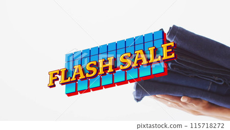 Image of flash sale text over hand holding denim trousers background Image of flash sale text over hand holding denim trousers background 115718272
