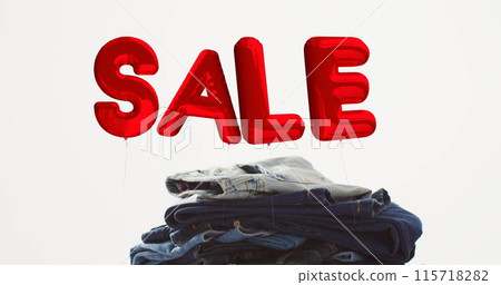 Image of sale red balloon text over denim trousers on white background 115718282