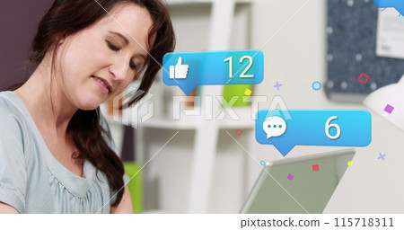 Image of social media icons with growing numbers over caucasian woman using laptop Image of social media icons with growing numbers over caucasian woman using laptop 115718311