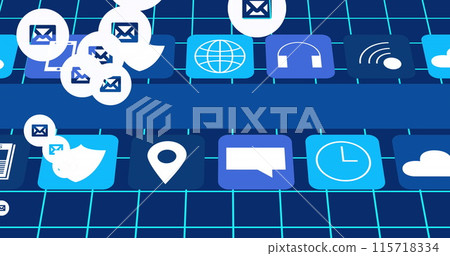 Image of envelopes over social media icons on blue background Image of envelopes over social media icons on blue background 115718334