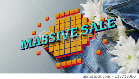 Image of massive sale text over denim trousers on grey background 115718360