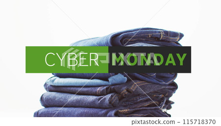Image of cyber monday text over denim trousers on white background 115718370
