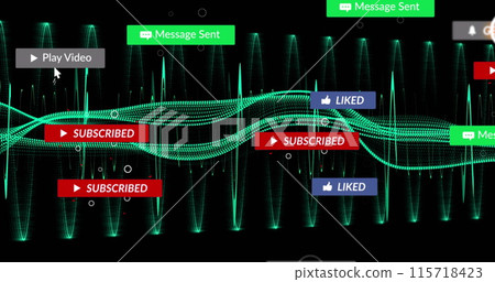 Image of social media icons with texts over light trails on black background 115718423