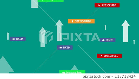 Image of social media icons with texts over arrows on green background 115718424