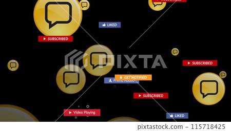 Image of social media icons with texts over speech bubbles on black background 115718425