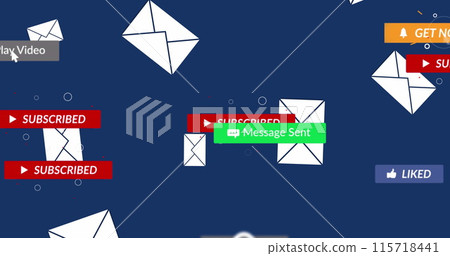 Image of social media icons with texts over envelopes on blue background 115718441