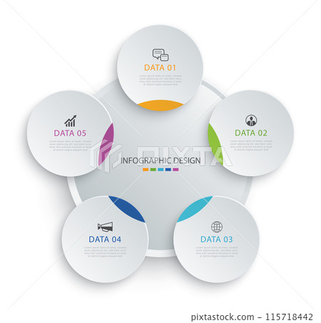 Infographics circle timeline with 5 number data template. Illustration business abstract background. Infographics circle timeline with 5 number data template. Illustration business abstract background. 115718442