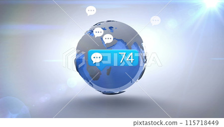 Image of social media icons with growing number over globe on white background 115718449