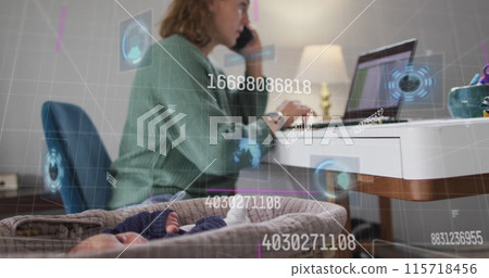 Image of data processing over caucasian mother and baby 115718456