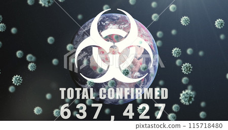 Image of virus sign and macro Covid-19 cells floating with a globe model in the background 115718480