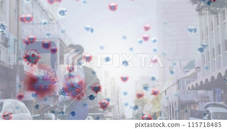 Digital composite image depicts Covid-19 cells and masked woman, symbolizing pandemic. 115718485
