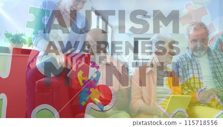 Image of colourful puzzle pieces and autism text over senior friends using electronic devices Image of colourful puzzle pieces and autism text over senior friends using electronic devices 115718556