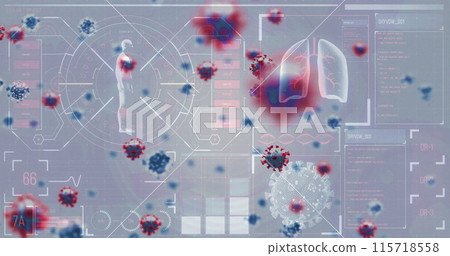 Digital composite image depicts Covid-19 cells and human health icons. Digital composite image depicts Covid-19 cells and human health icons. 115718558