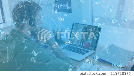 Image of bitcoin icons over caucasian man using phone headset and laptop Image of bitcoin icons over caucasian man using phone headset and laptop 115718575