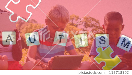 Image of colourful puzzle pieces, autism text over children using electronic devices Image of colourful puzzle pieces, autism text over children using electronic devices 115718592