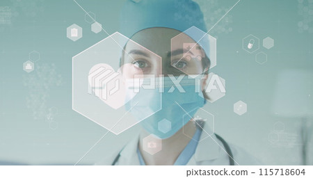 Image of medical icons over caucasian female doctor wearing face mask 115718604