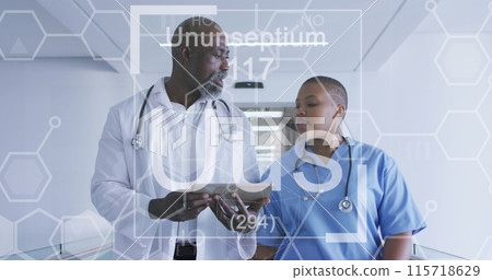 Image of chemical symbols over african american male and female doctors 115718629