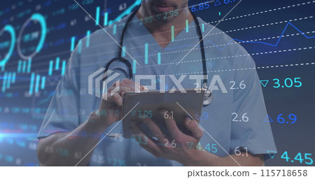 Image of financial data processing over biracial male doctor using tablet 115718658