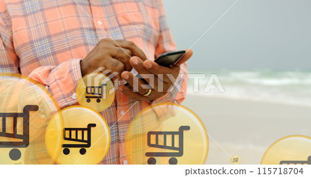 Image of like over midsection of biracial woman using smartphone at beach Image of like over midsection of biracial woman using smartphone at beach 115718704