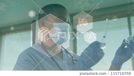 Image of medical icons over african american female doctor wearing face mask 115718709