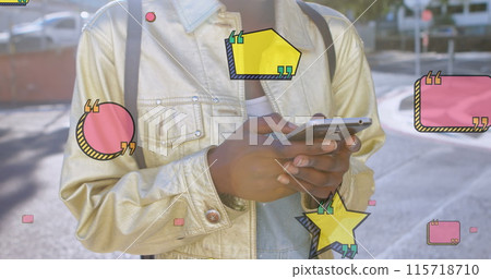 Image of quotation icons over midsection of biracial woman using smartphone in city 115718710