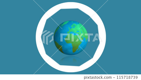 Digital image of camera lens diaphragm icon over globe against blue background Digital image of camera lens diaphragm icon over globe against blue background 115718739