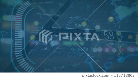 Image of financial data with speedometer on digital interface 115718802