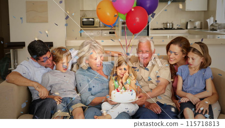 Image of confetti over happy caucasian family at party 115718813