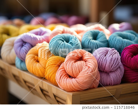 Colorful skeins of yarn for knitting in a basket. Selective focus. 115718846