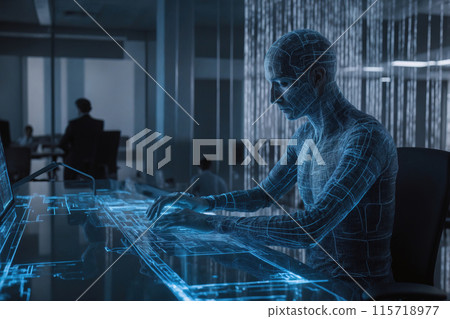 Glowing hologram of human working in the office in futuristic background. Generated AI 115718977