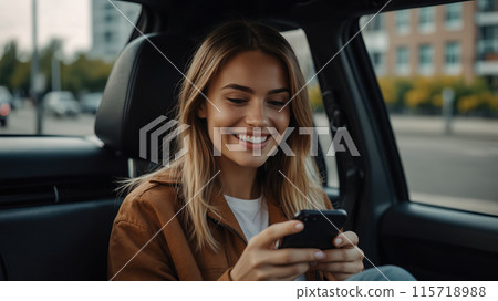 Pretty woman using her cellphone to navigate or request a stop during a ride in a modern car sharing service. Generated AI 115718988