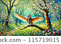 An owl spreading its wings in the spring forest 115719015