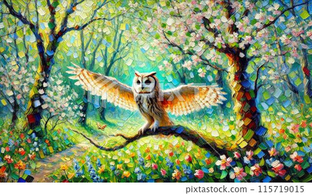 An owl spreading its wings in the spring forest 115719015