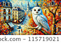 White owl and autumn cityscape 115719021