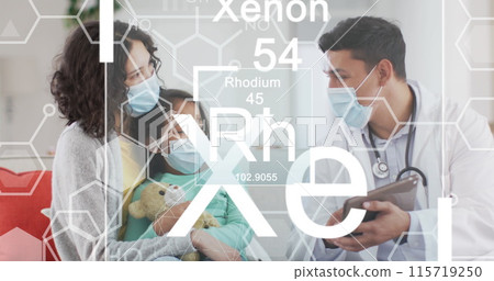 Image of chemical symbols over diverse doctor and patients wearing face masks Image of chemical symbols over diverse doctor and patients wearing face masks 115719250