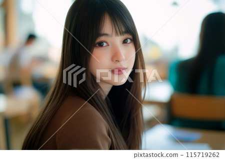 Black-haired woman turning around (AI-generated image) 115719262