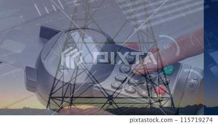 Image of statistics and data processing over woman using smartphone 115719274