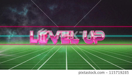 Image of level up text over white lines on black background Image of level up text over white lines on black background 115719285