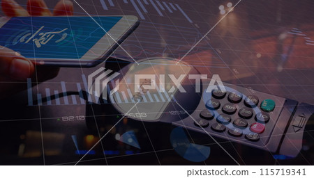 Image of data processing over hand paying with smartphone 115719341