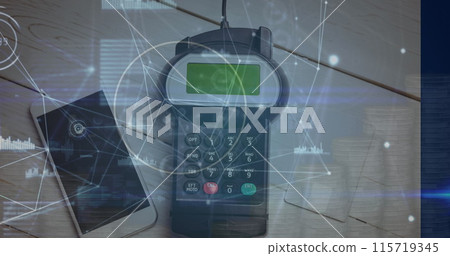 Image of network of connections and globe over businessman wearing vr headsets 115719345