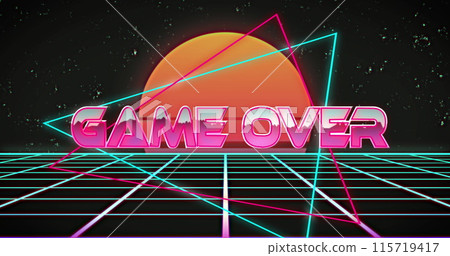 Image of red text game over neon triangles in grid and good on black 115719417