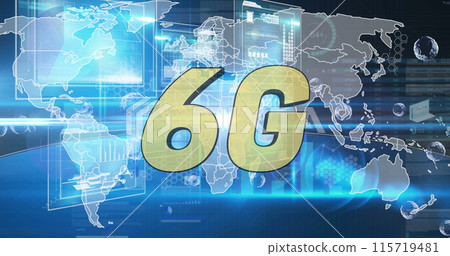 Image of 6g text over interface with data processing against blue background 115719481