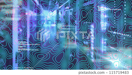 Image of data processing over shapes and server room 115719483