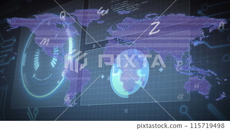 Image of alphabets over interface with data processing against world map on black background 115719498