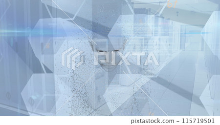 Image of numbers over human body model against data processing and computer server room 115719501