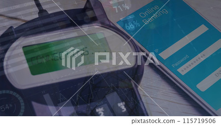 Image of data processing over payment terminal and smartphone 115719506